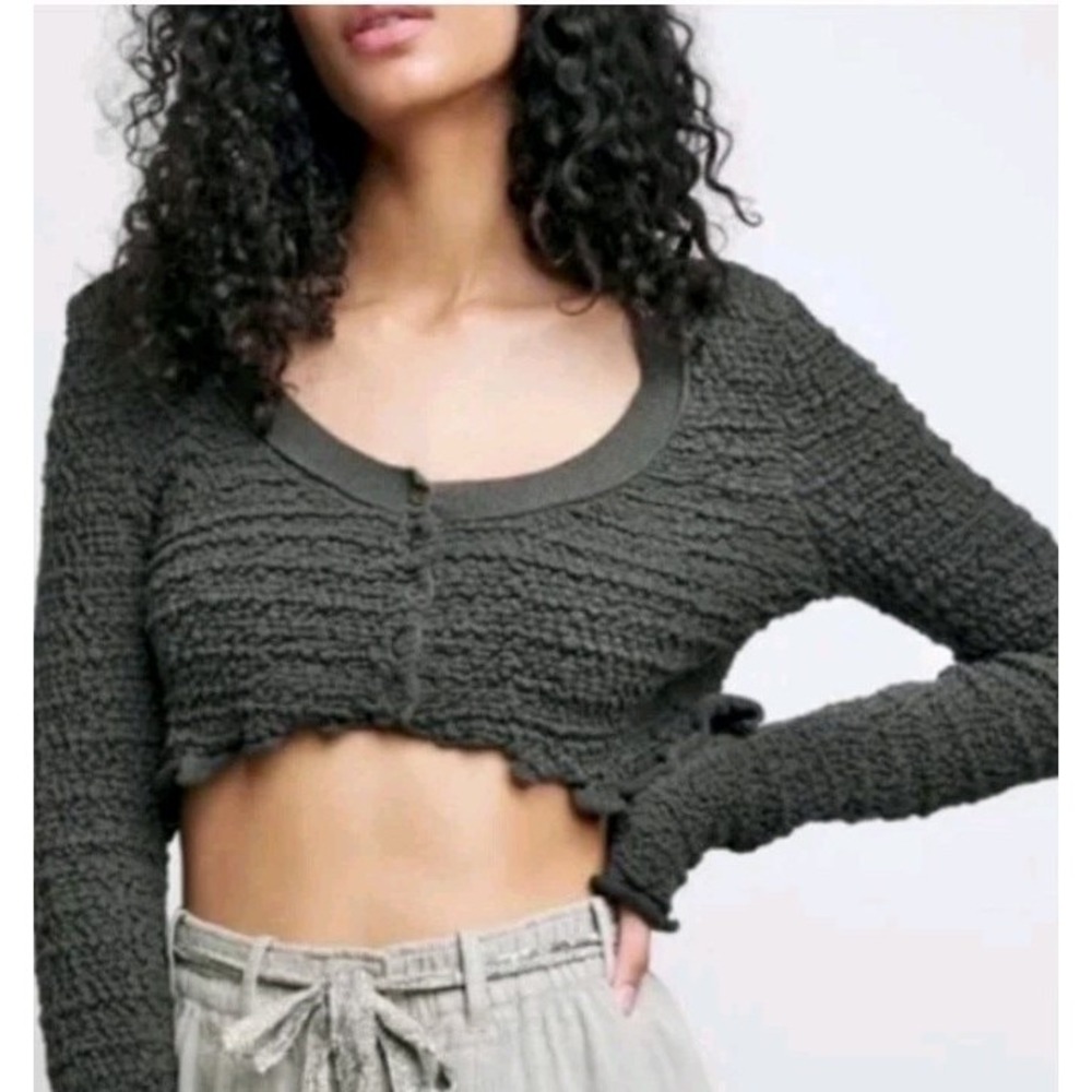 Free People Small Cropped Textured Cardigan Charcoal Gray Boho Button Front